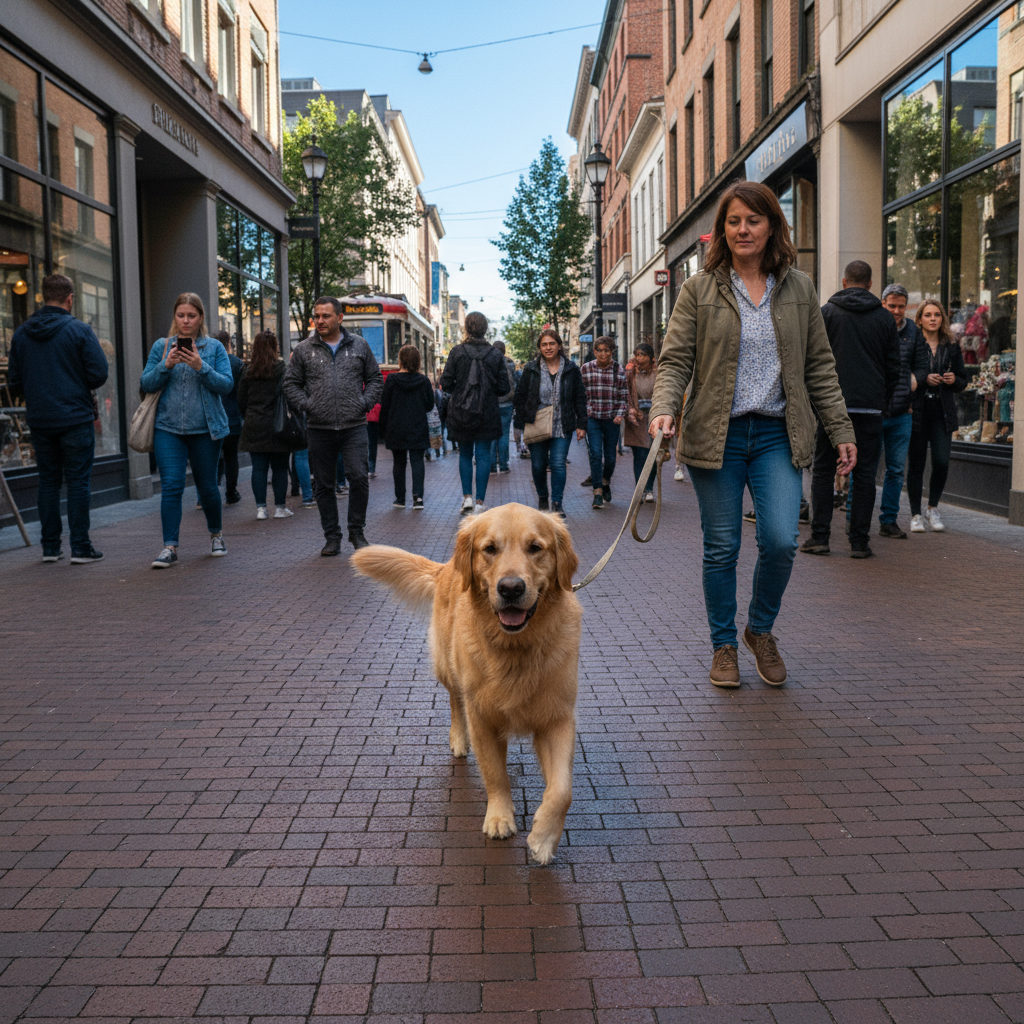 Dog and owner walking confidently past another dog on a busy street