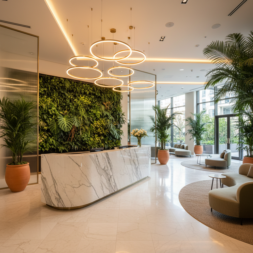 Repositioned commercial building lobby with marble reception, tropical greenery, and premium lighting