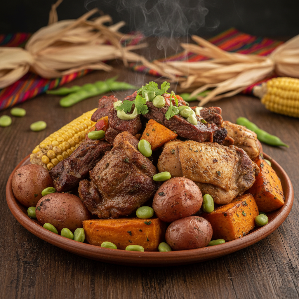 Andean pachamanca cooking with clay pots and traditional Peruvian herbs