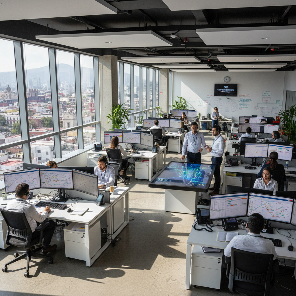 Equipo de despacho de Portón coordinando técnicos en tiempo real en oficina central Ciudad de México