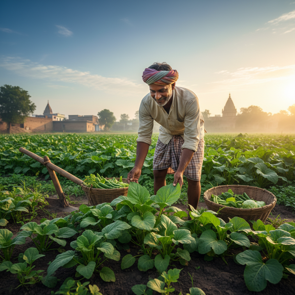 Sustainable farming with a farmer harvesting crops by hand in a lush organic field