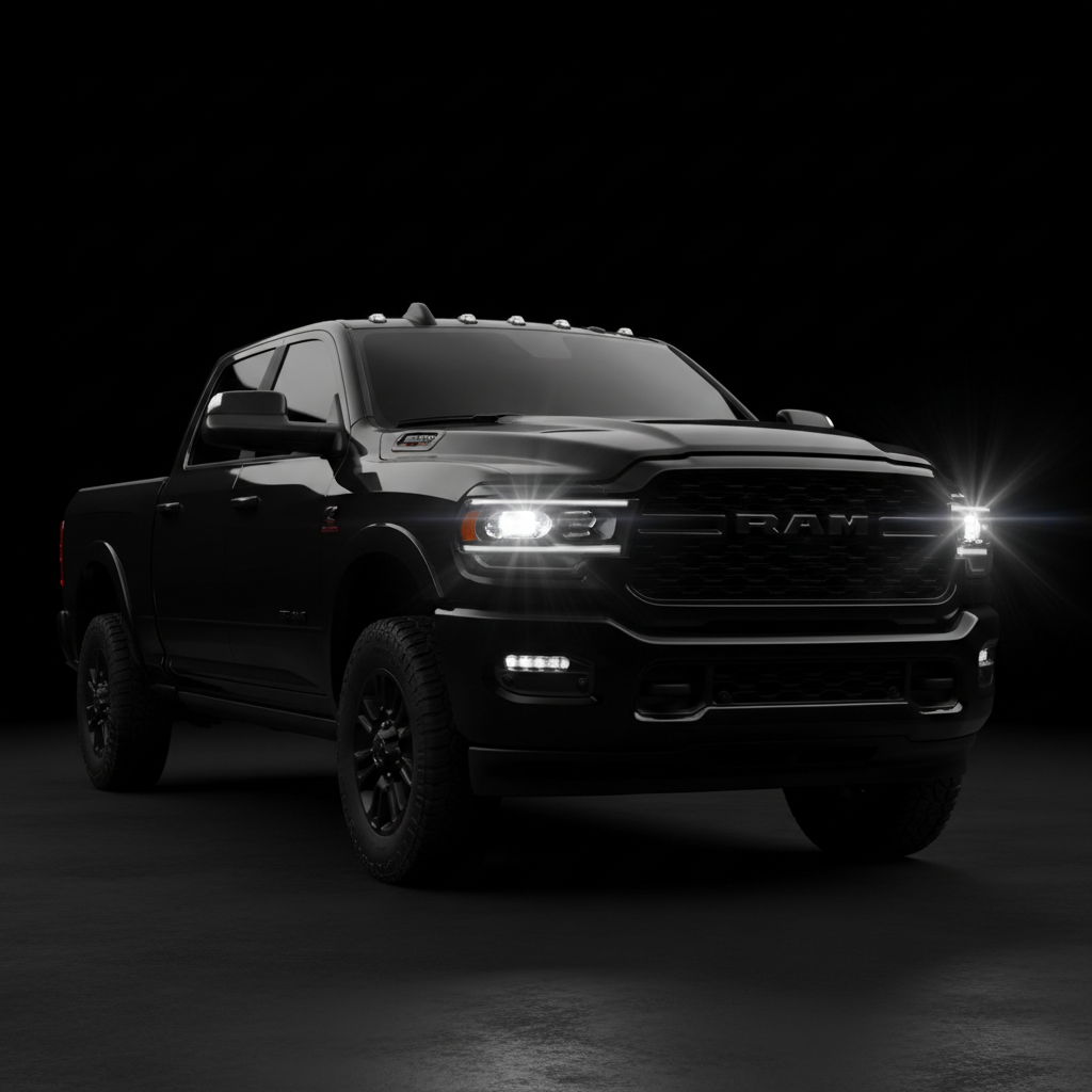 Ram 2500 photographed in blackout studio, three-quarter front angle, LED headlamps blazing white against absolute darkness