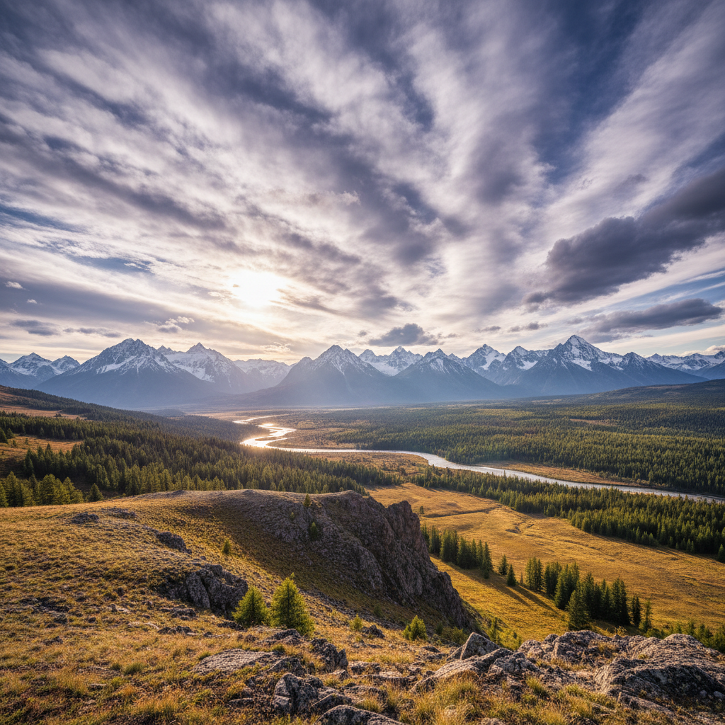 Wide panoramic Kashmir landscape with multiple mountain ranges, green valley floor, river winding through, dramatic clouds