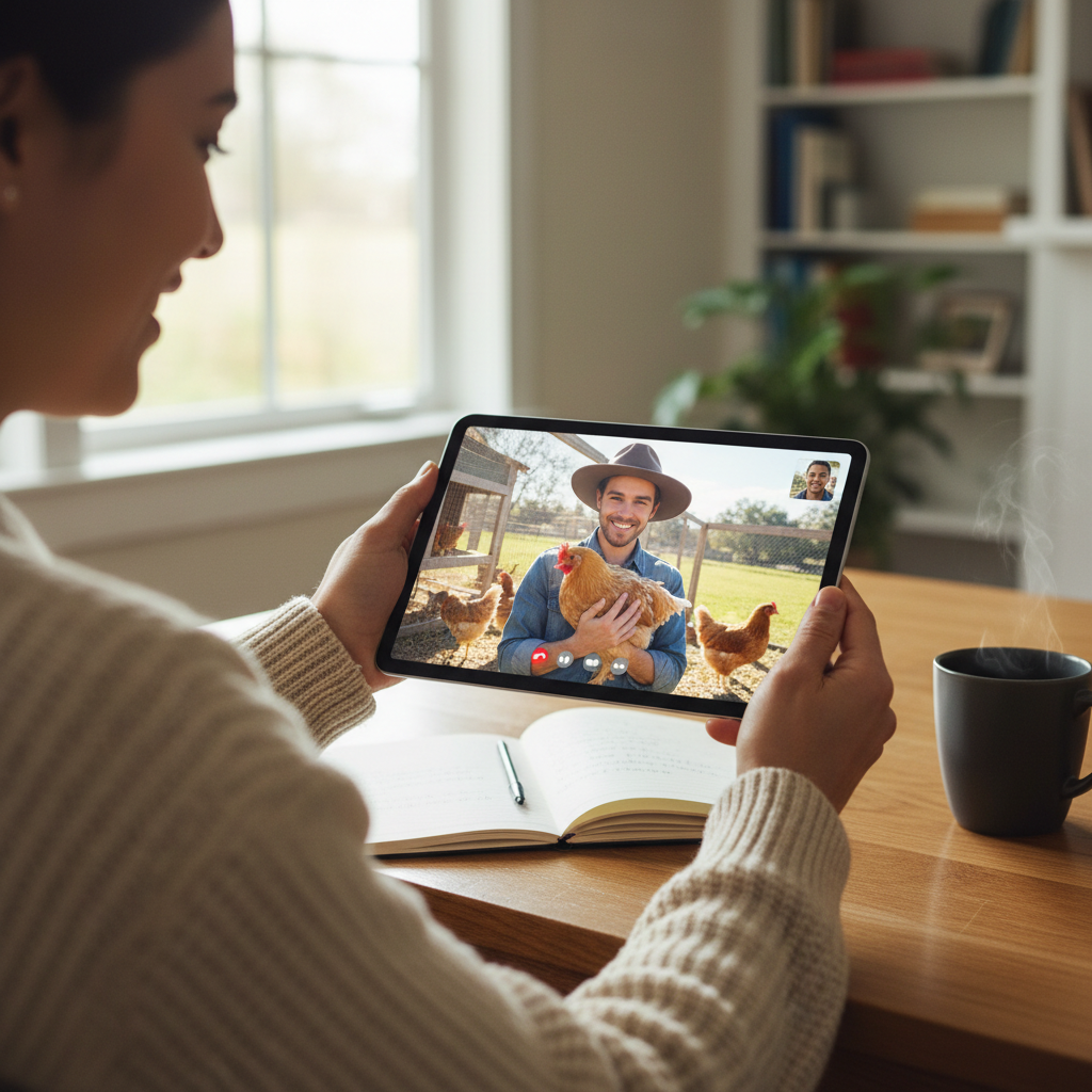 Person holding a tablet showing a live video call with a chicken keeper, notebook and coffee mug on a wooden table nearby