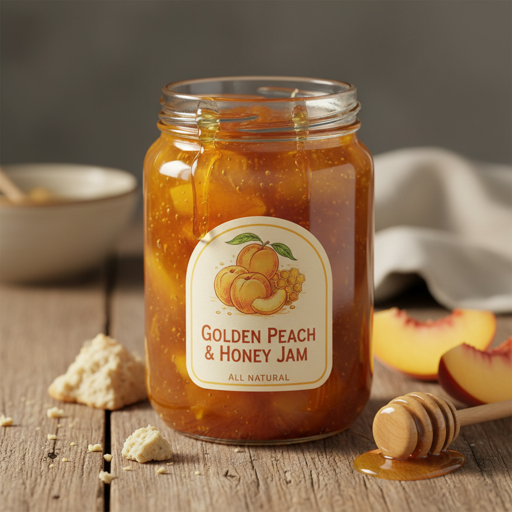 Golden peach vanilla jam in a glass jar with fresh peach halves and vanilla bean pods