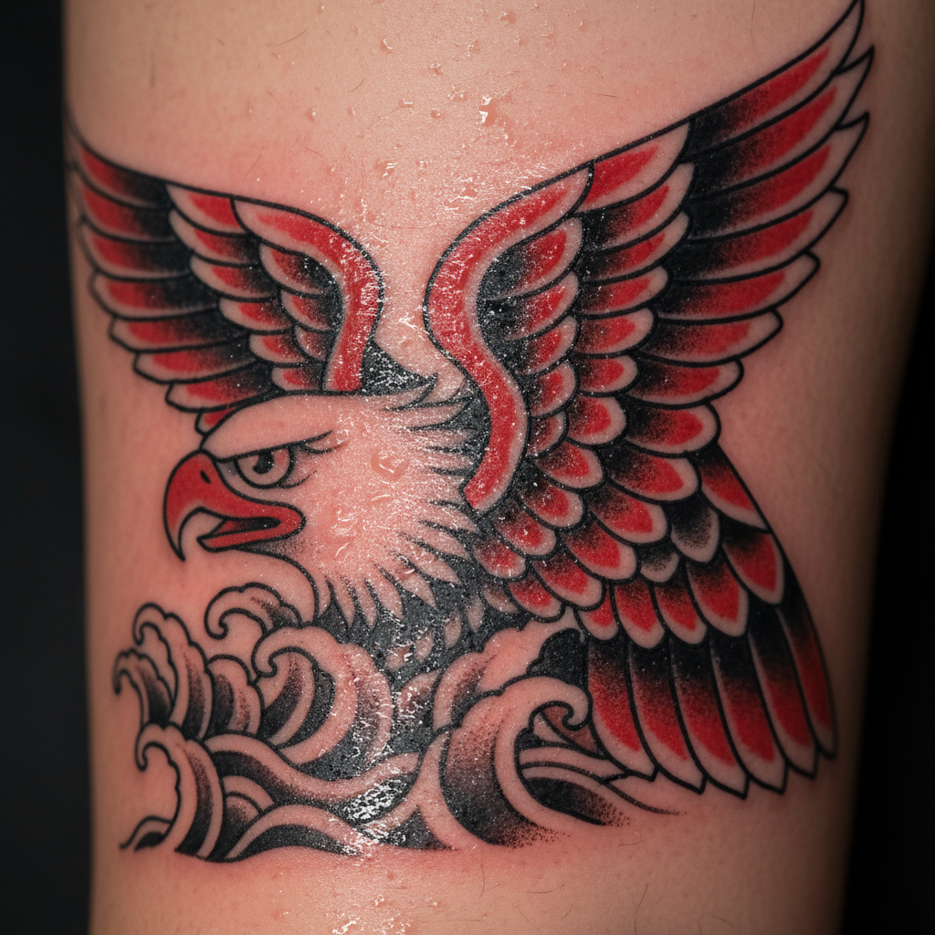 Freshly applied bold traditional tattoo with raised lines and saturated red and black ink colors on upper arm