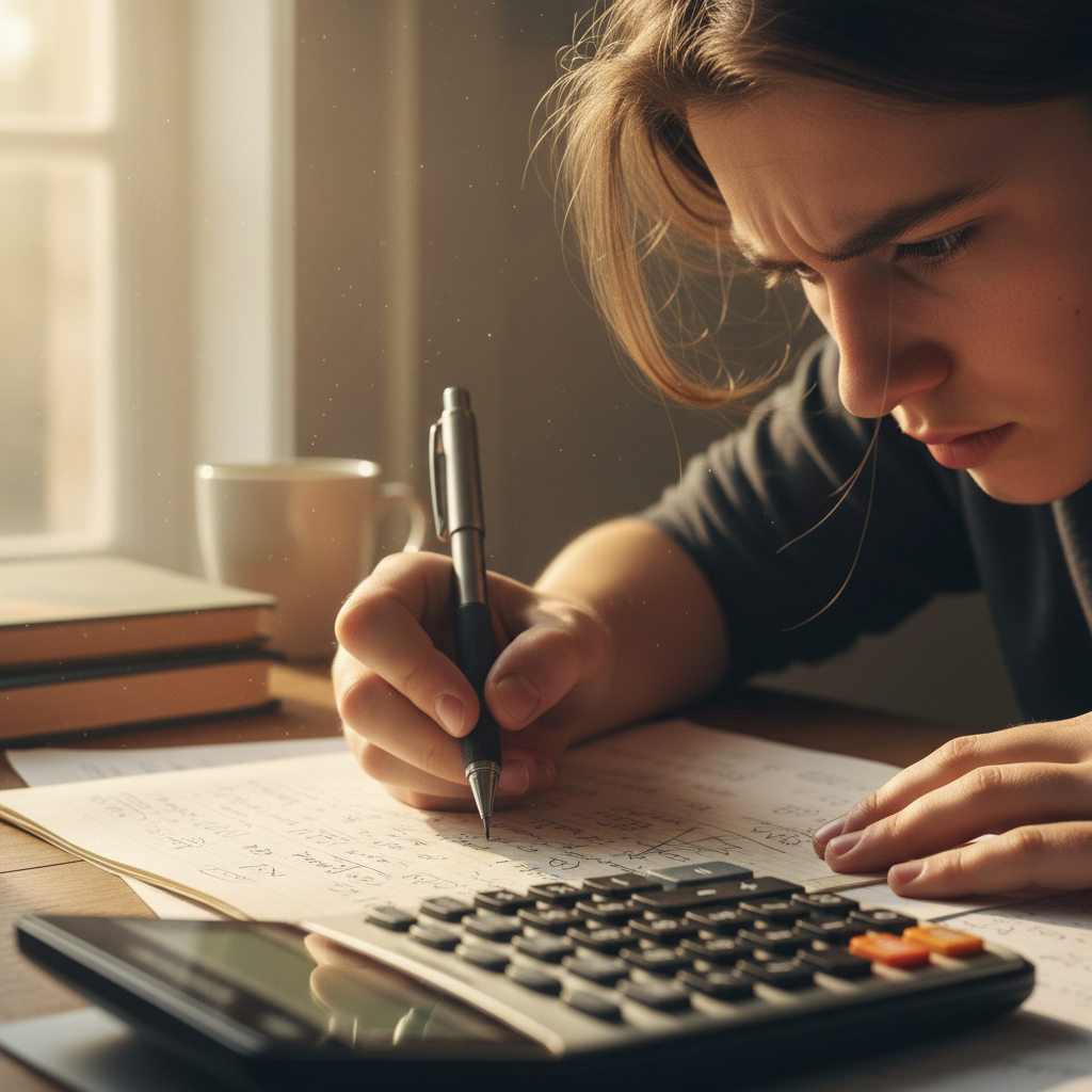Student at desk with mathematics textbook open, working through problem sets with focused expression