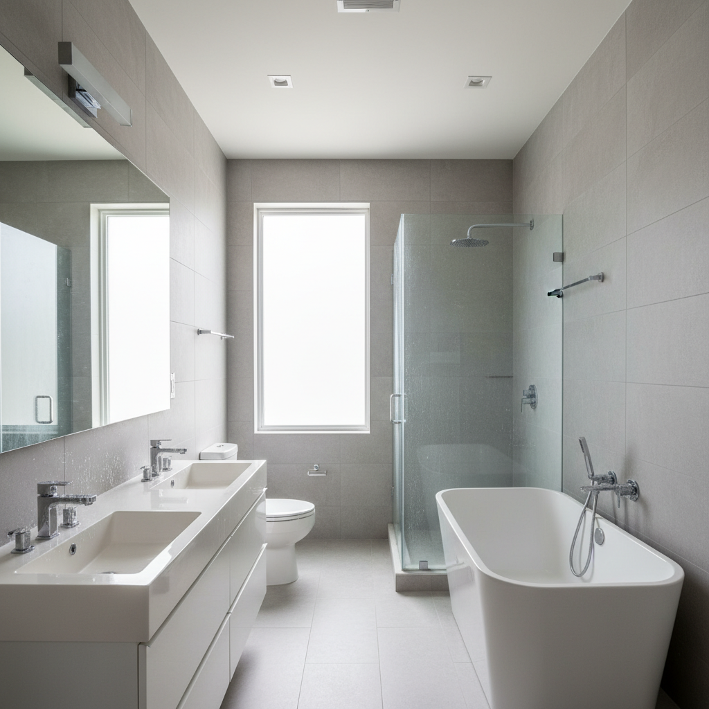 Interior of a modern Pinecrest bathroom with white scale deposits visible on chrome fixtures