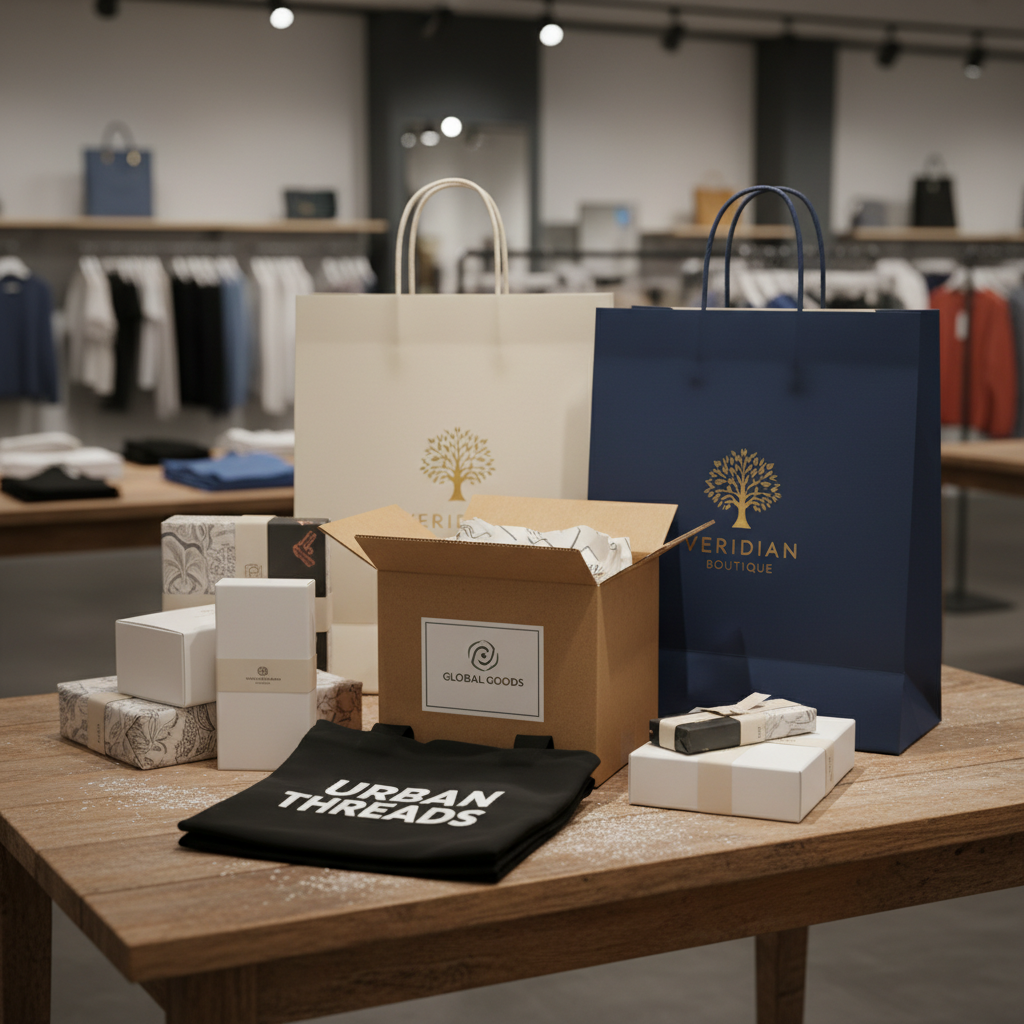 E-commerce shopping bags and laptop on clean white desk, bright well-lit studio environment