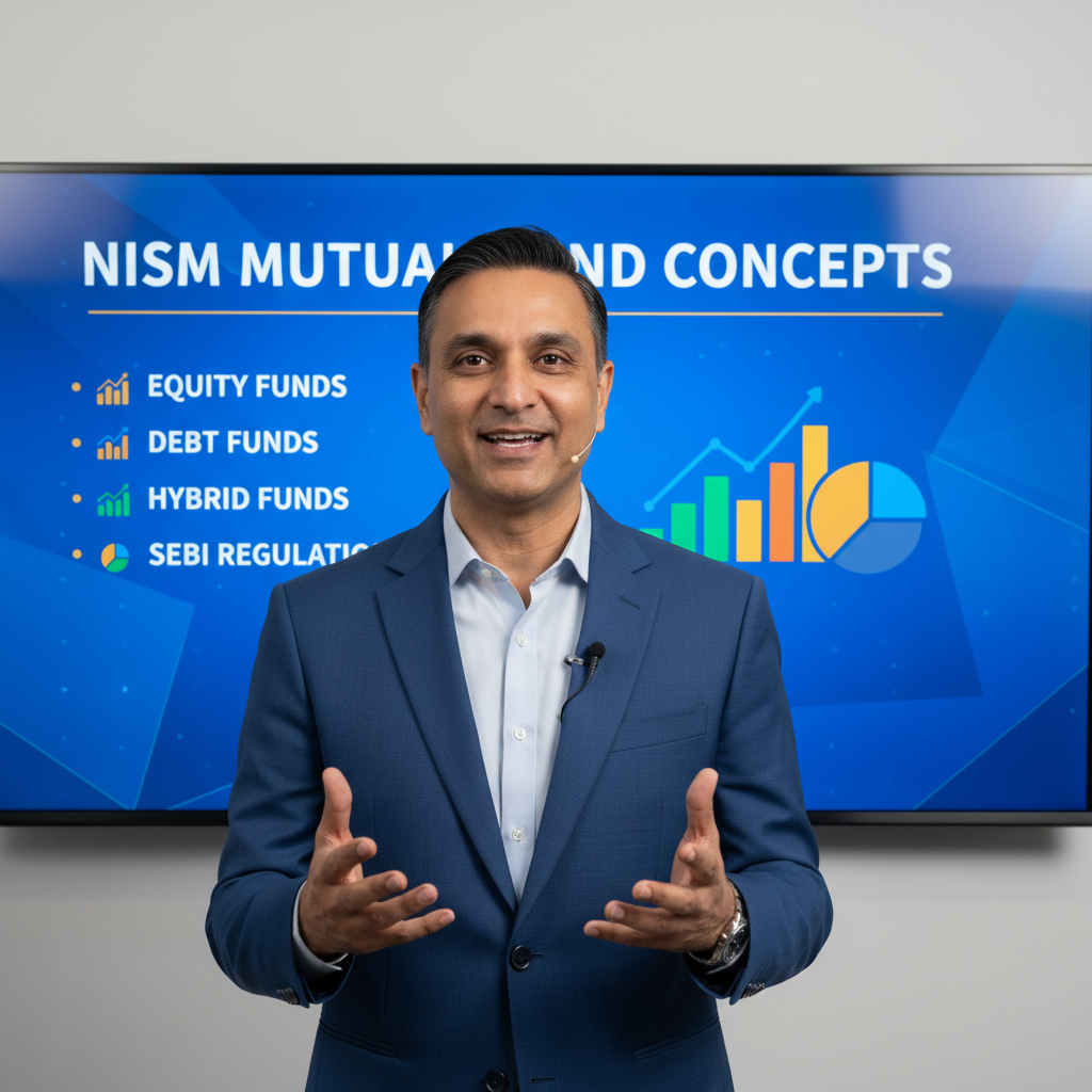 Finance educator teaching NISM mutual fund concepts on screen with presentation slides showing fund types and regulations