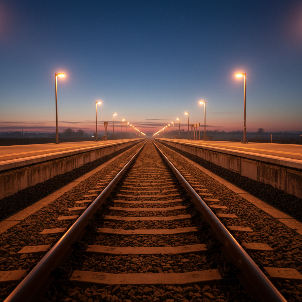 Twin rails converging toward vanishing point at civil twilight with amber platform edge lighting