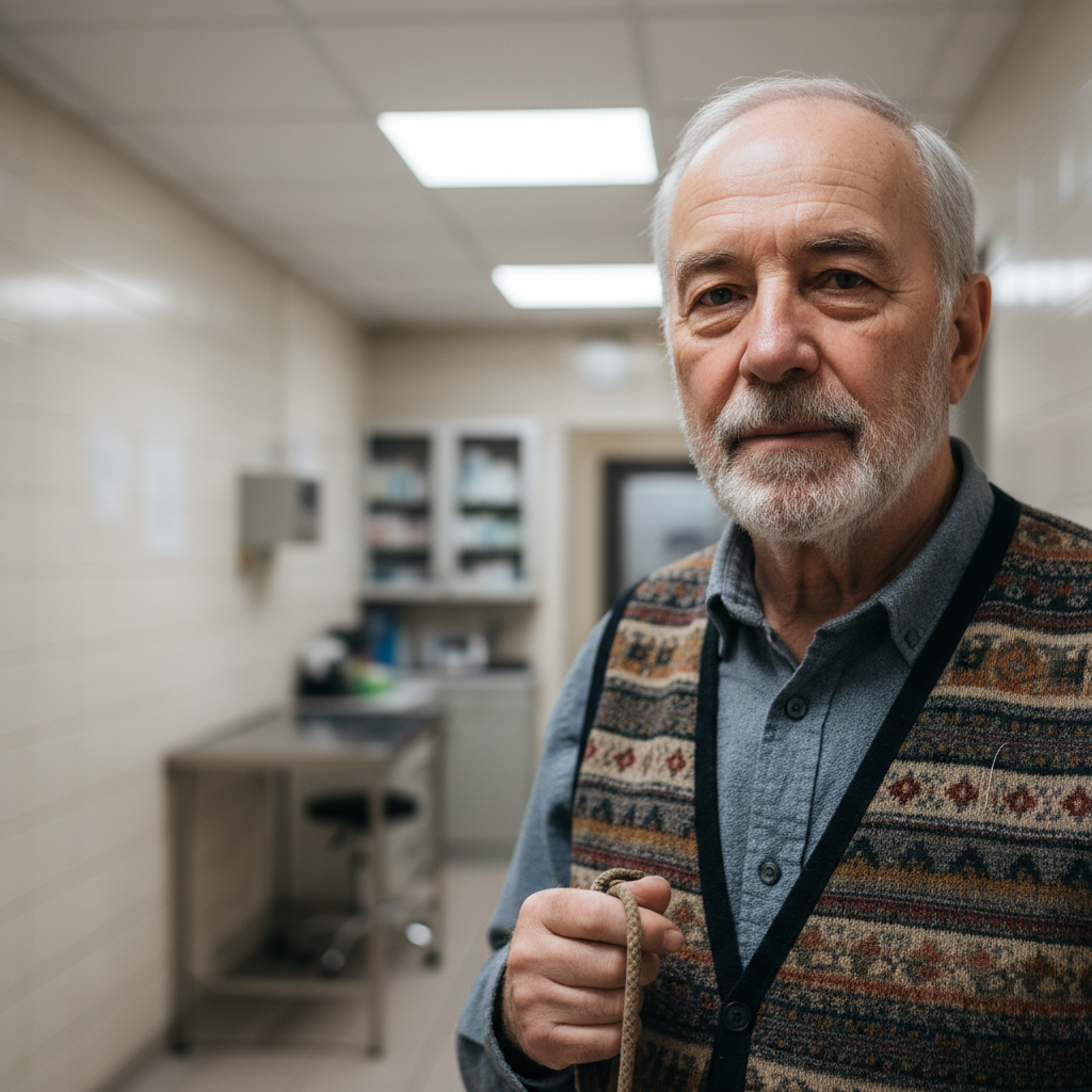 Marcus Delgado, senior sitter, in a veterinary corridor holding a leash, black and white editorial portrait