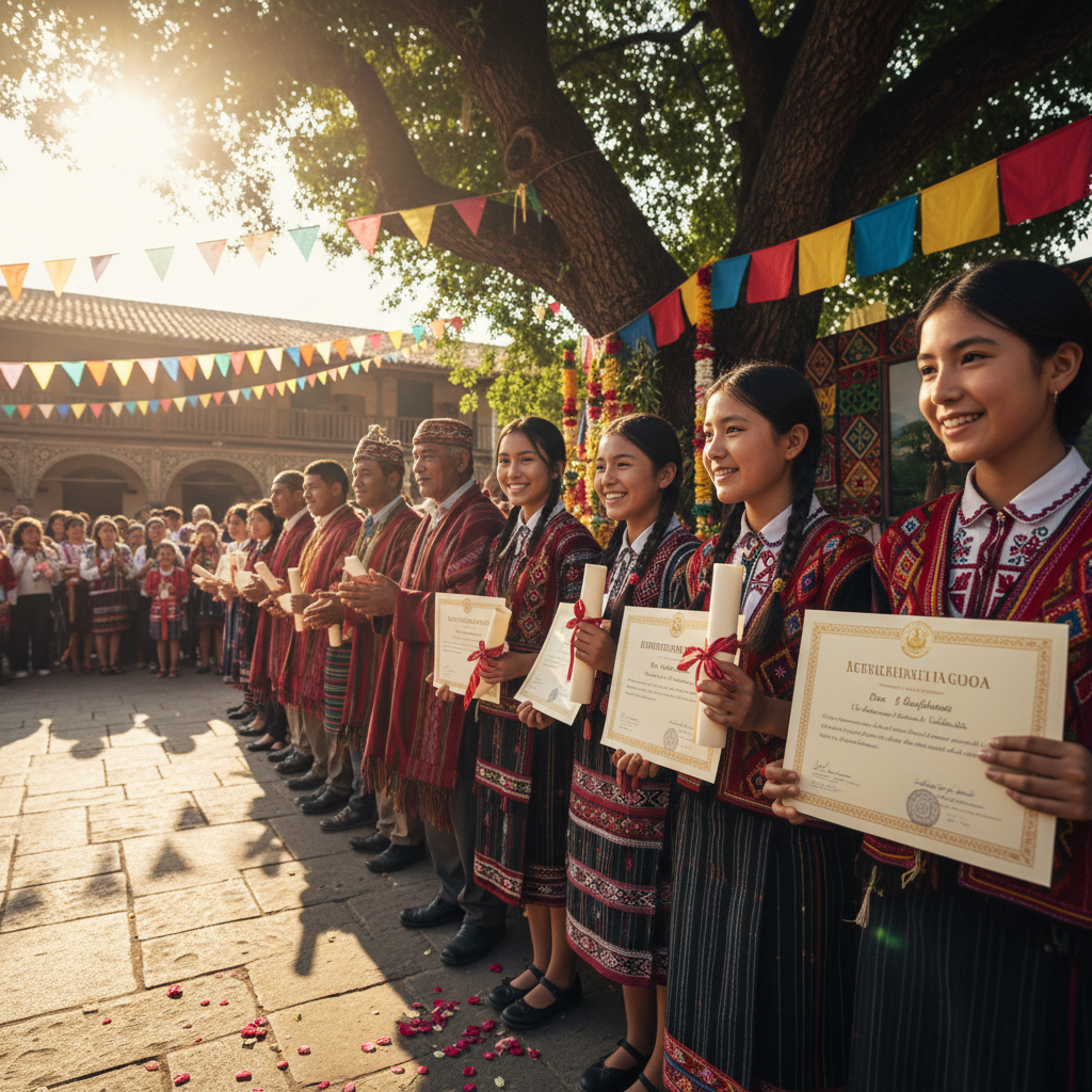 Award ceremony, students receiving certificates, proud smiles, stage, formal
