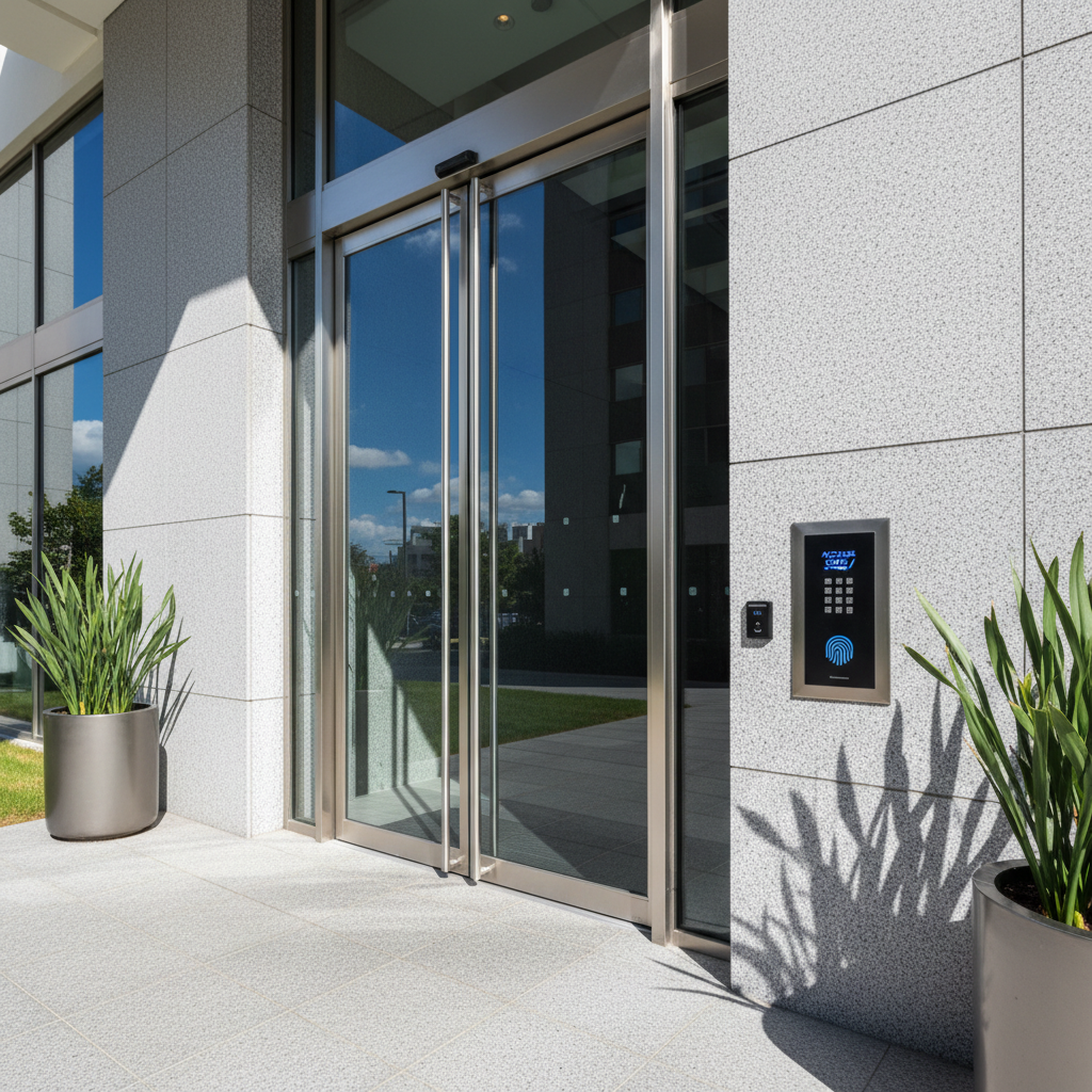 Commercial office building entrance with glass doors and electronic access panel