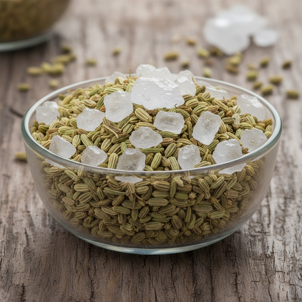 Fennel seeds in wooden bowl showing small green aromatic seeds with sweet anise flavor