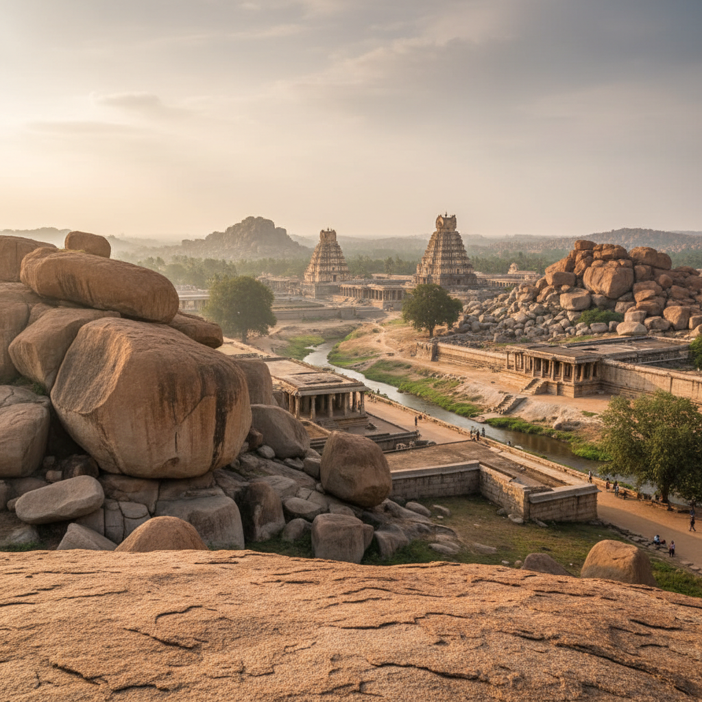 Hampi ruins with ancient Vijayanagara empire stone temples and boulders at sunset