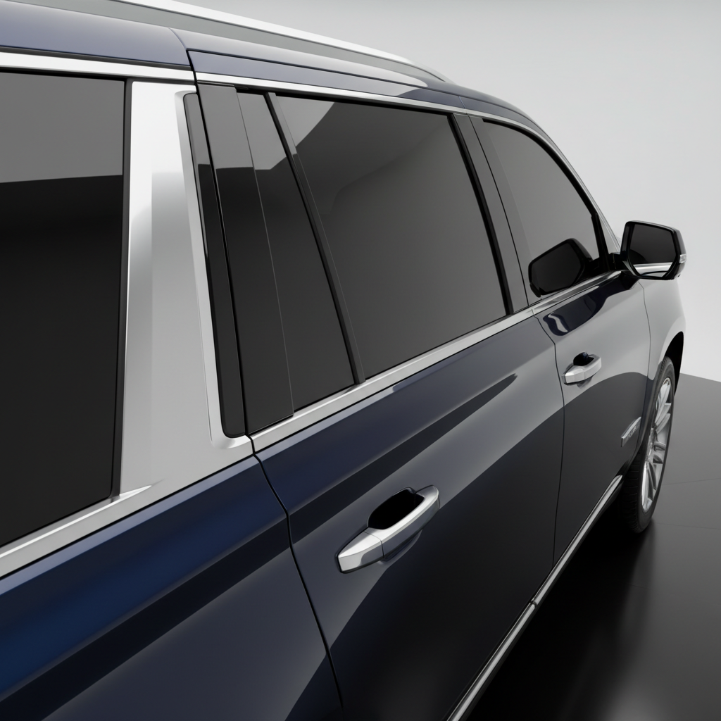 Midnight blue Cadillac Escalade with 5% limo tint on rear windows, close-up on rear quarter glass showing perfect edge seal