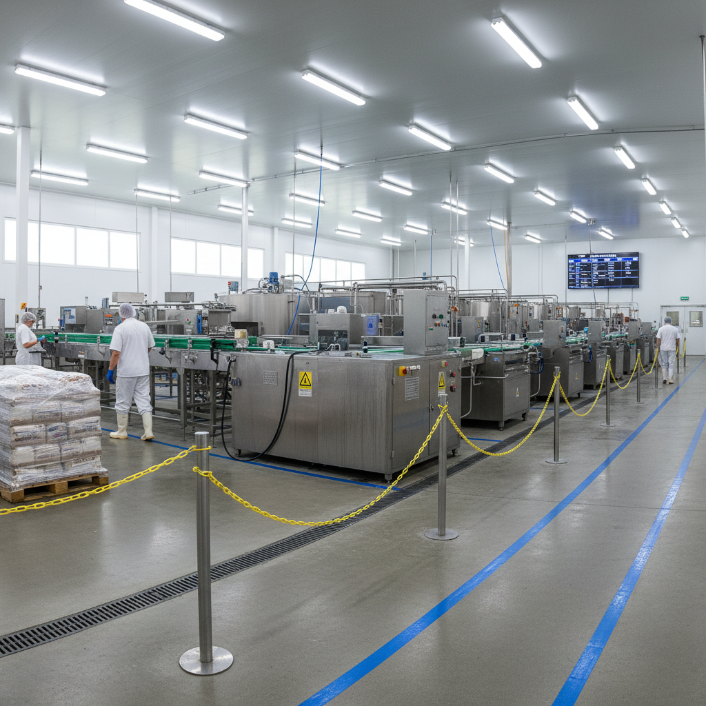 Food processing facility with specialized refrigeration and climate control for food safety compliance