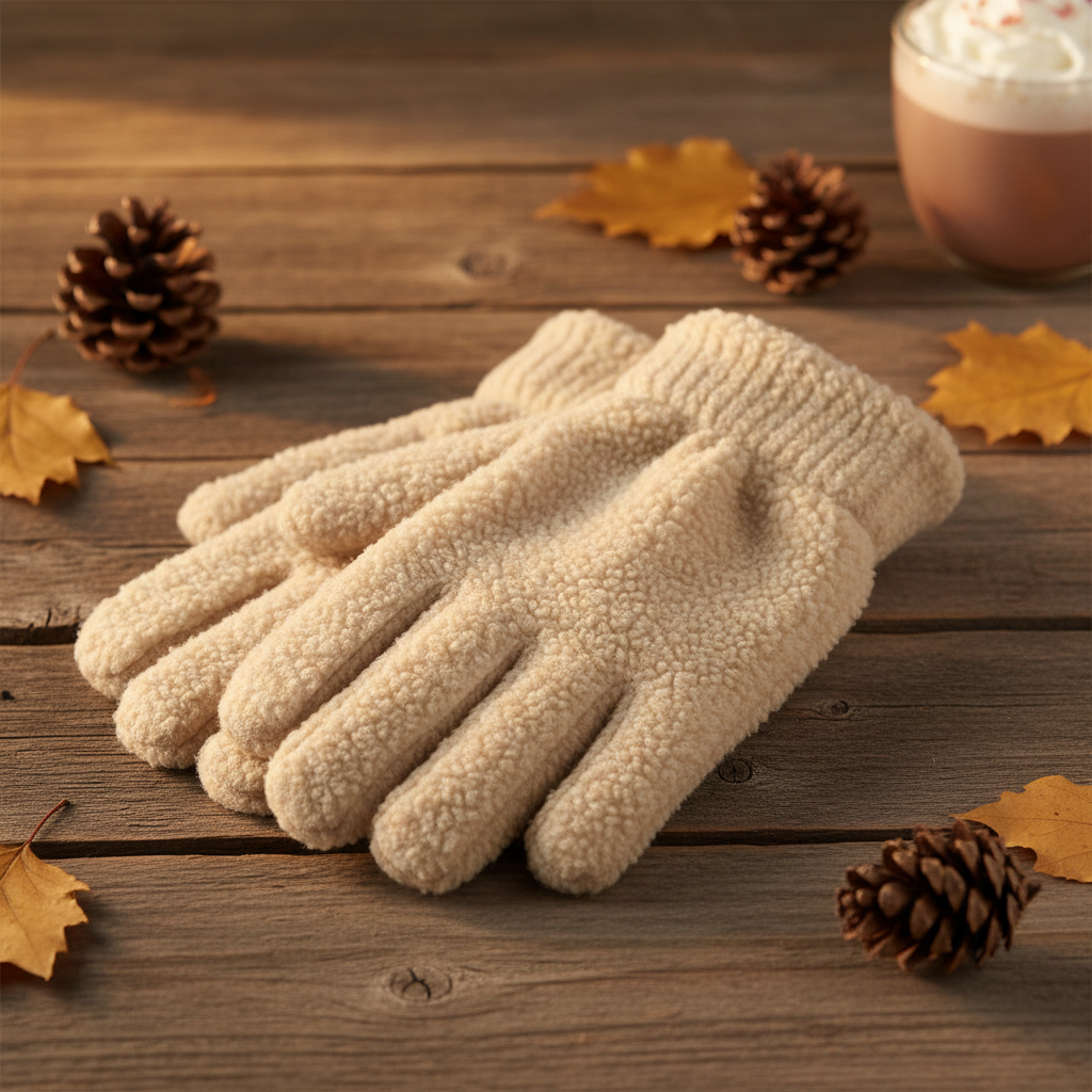 Warm fleece gloves on wooden surface with autumn leaves