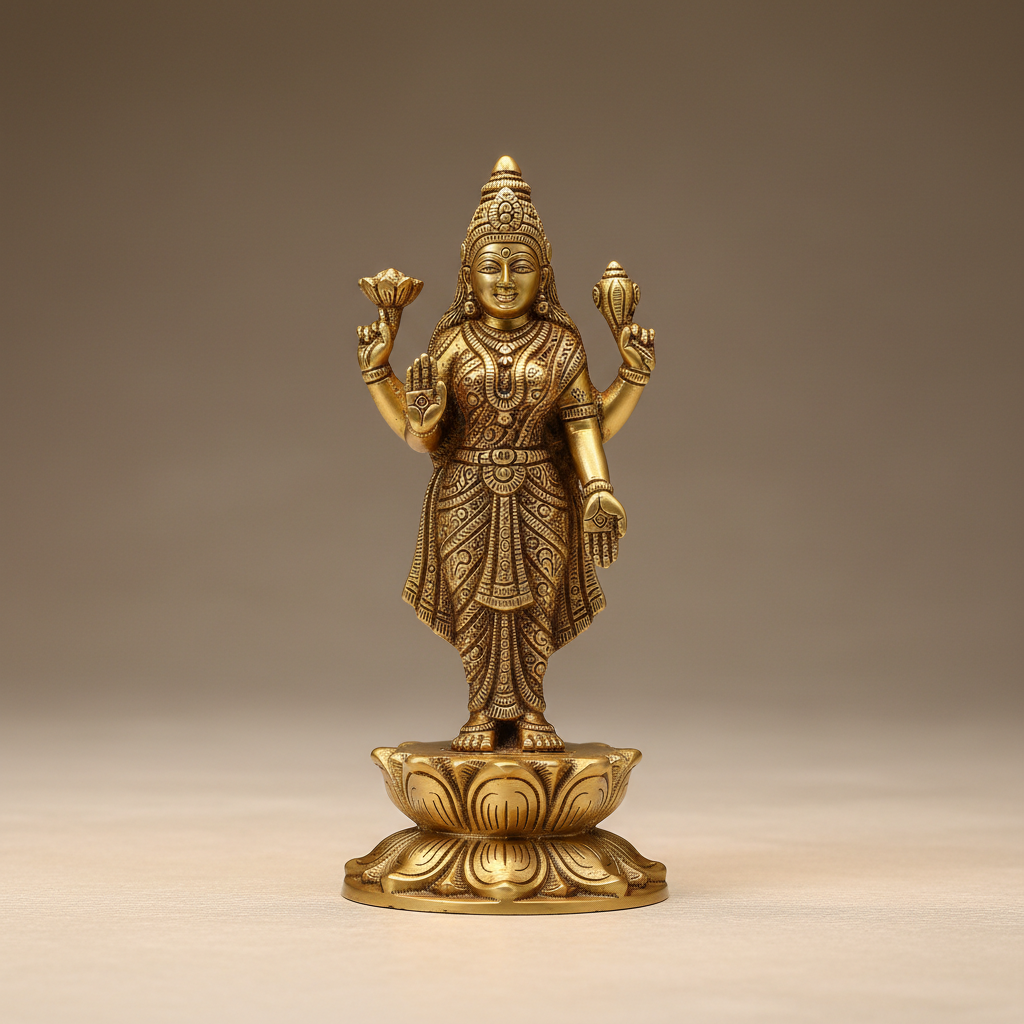 Transparent crystal quartz Goddess Lakshmi idol with lotus base and gold detailing