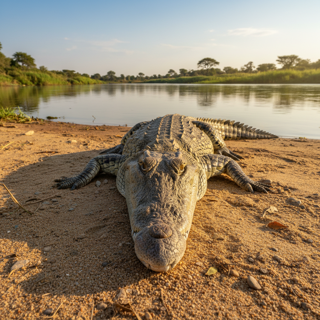 Crocodilian basking on sandy riverbank with distinctive long narrow snout