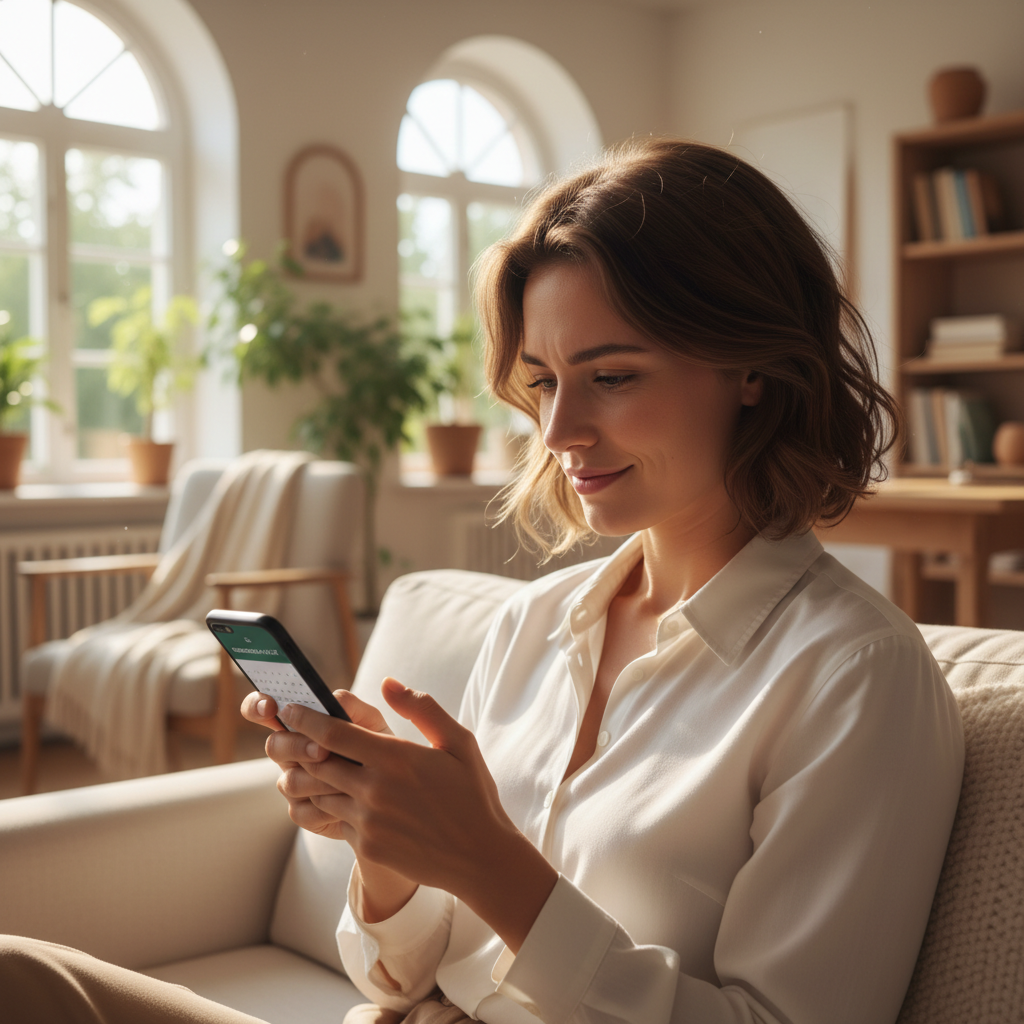 Parent and child on a phone scheduling an appointment, warm home environment, relaxed and friendly atmosphere