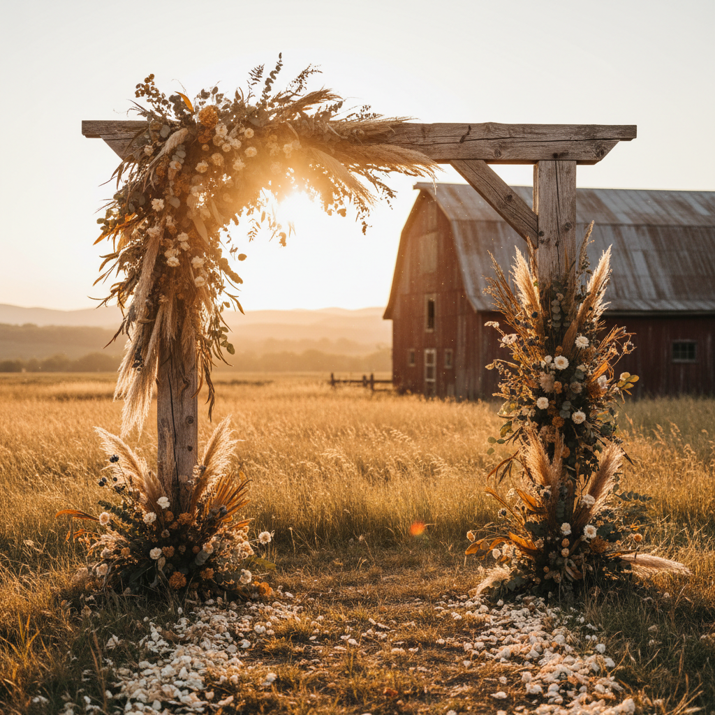 Elegant wooden ceremony arch with dramatic spotlight lighting against dark evening sky