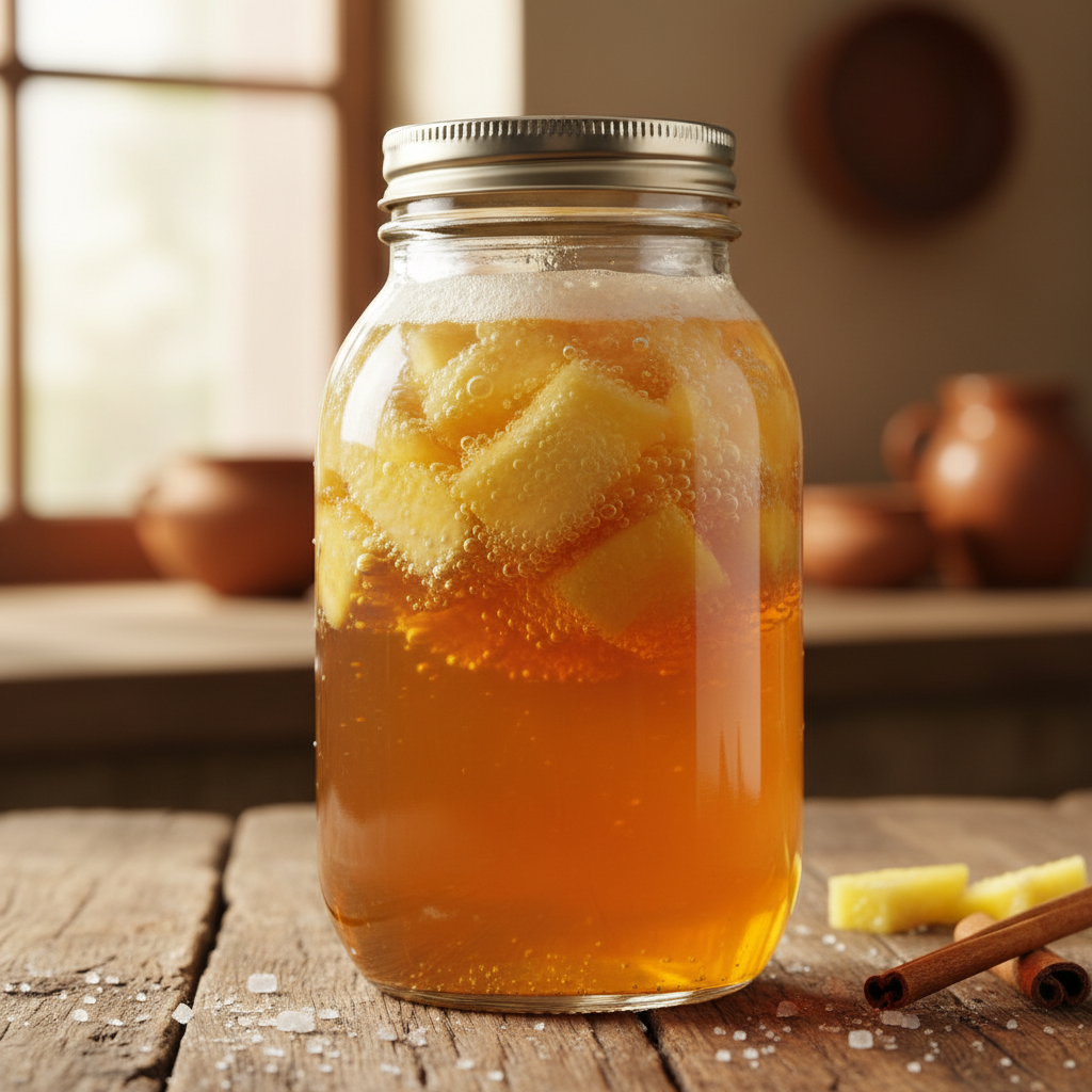 Golden pineapple tepache mocktail with hibiscus garnish in tall glass, bright tropical setting