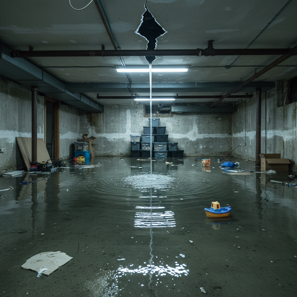 Water-soaked basement floor with standing water from burst pipe emergency