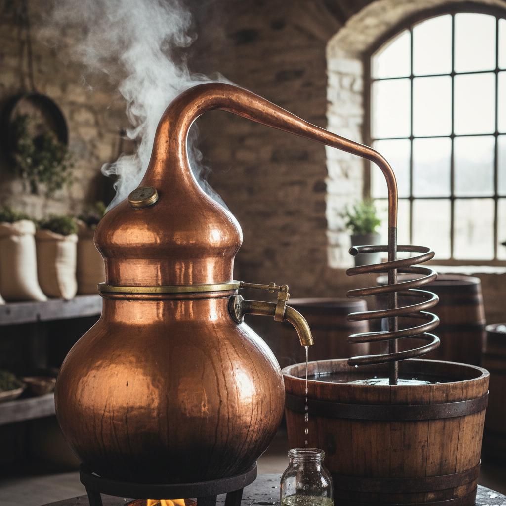 Copper brew kettle with steam rising during morning mash at Taproom brewery