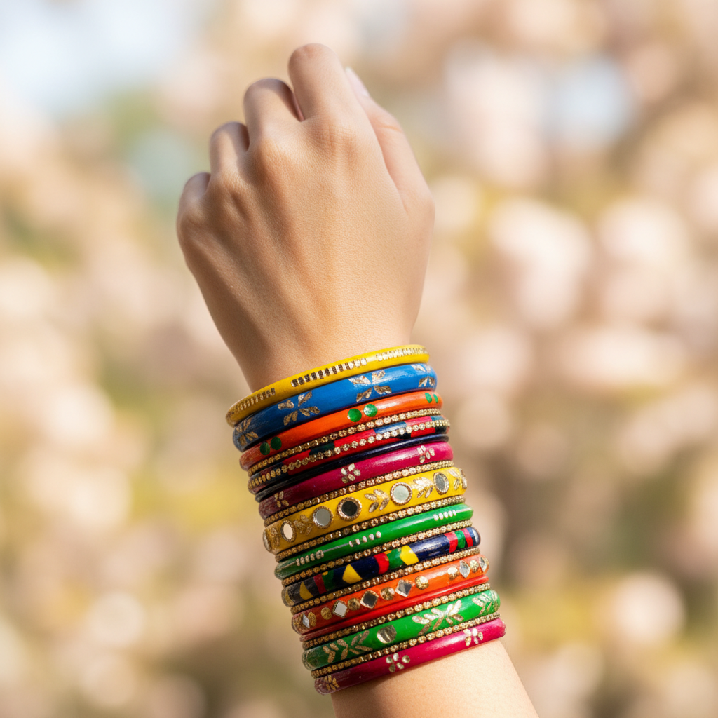 Woman showing off colorful bangle bracelets on wrist