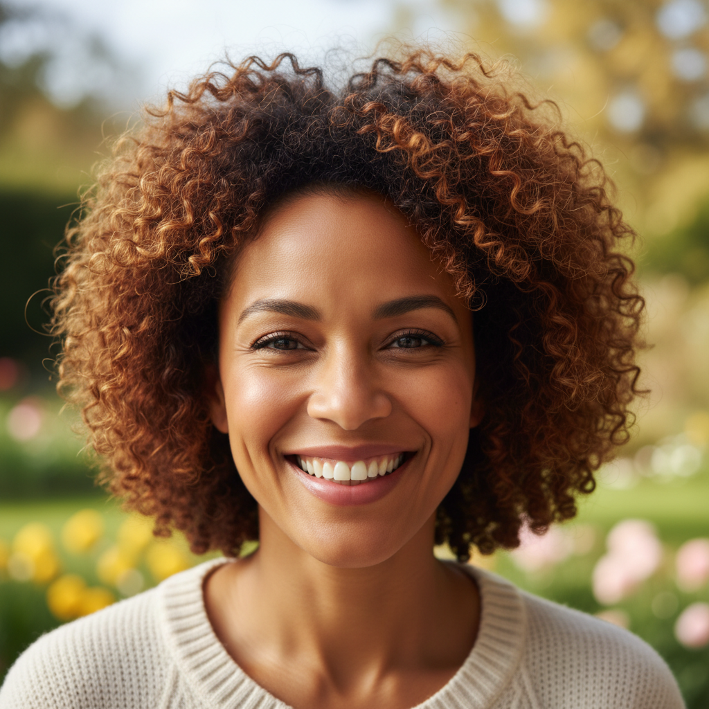 Portrait of Rachel Okonkwo, a mother with natural hair and a warm smile