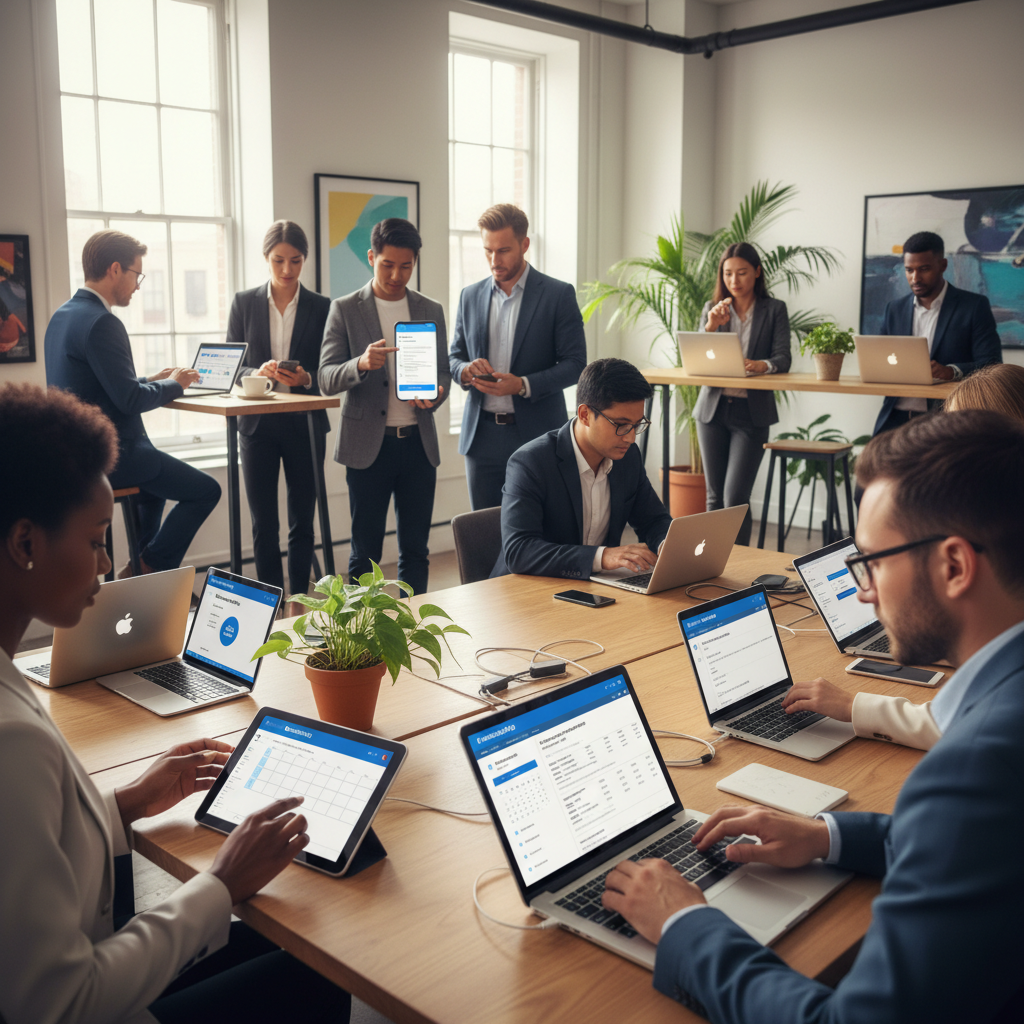 Diverse business professionals using BookingPro appointment booking system on various devices