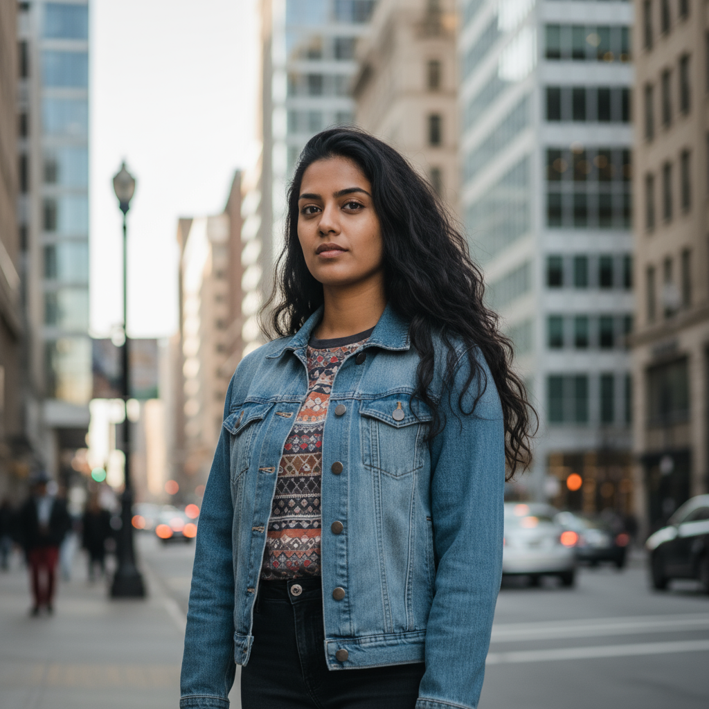 Indian woman with warm expression, dark hair pulled back, wearing casual clothing