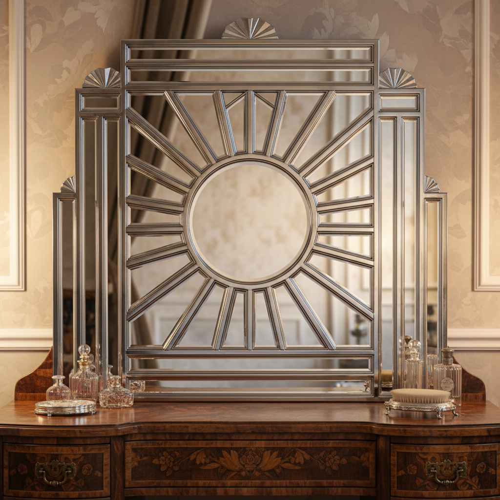 Art Deco vanity mirror with chrome frame and beveled glass panels in period setting