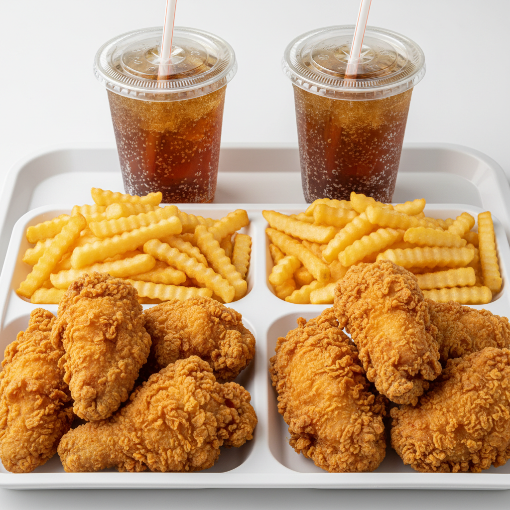 Combo Unidos Frisby: cinco presas de pollo apanado con bandeja grande de papas fritas y dos gaseosas