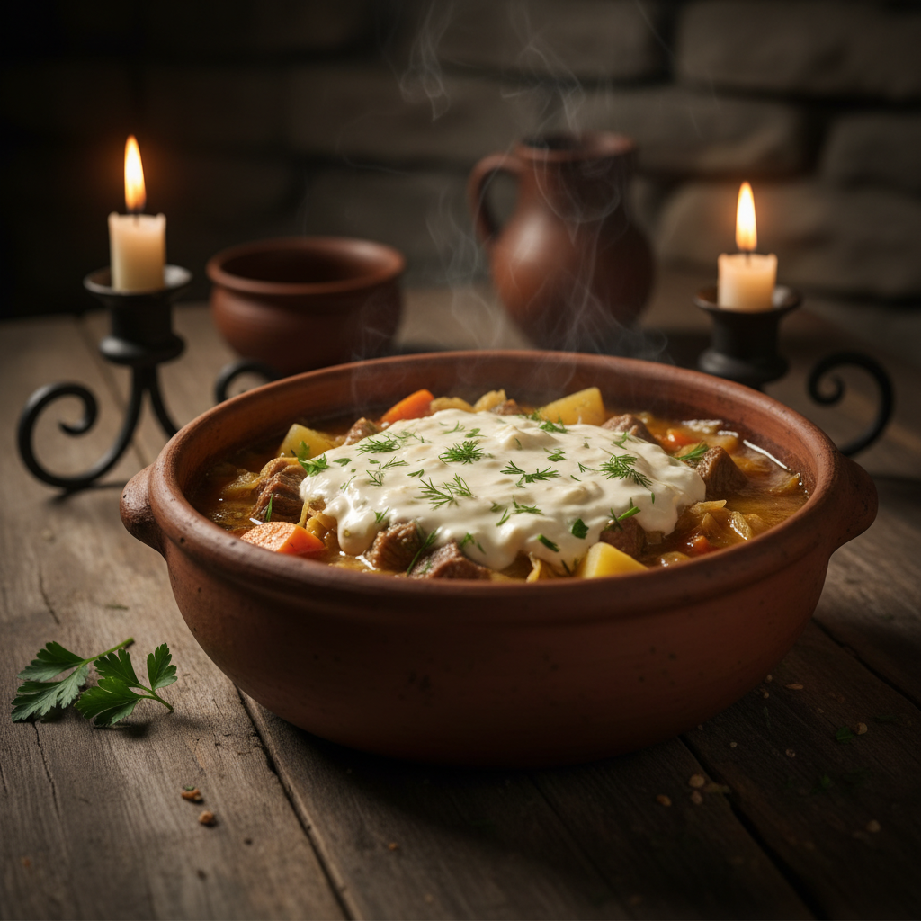 Rich creamy Bosnian bey soup begova čorba in ceramic bowl with fresh herbs garnish, warm amber lighting