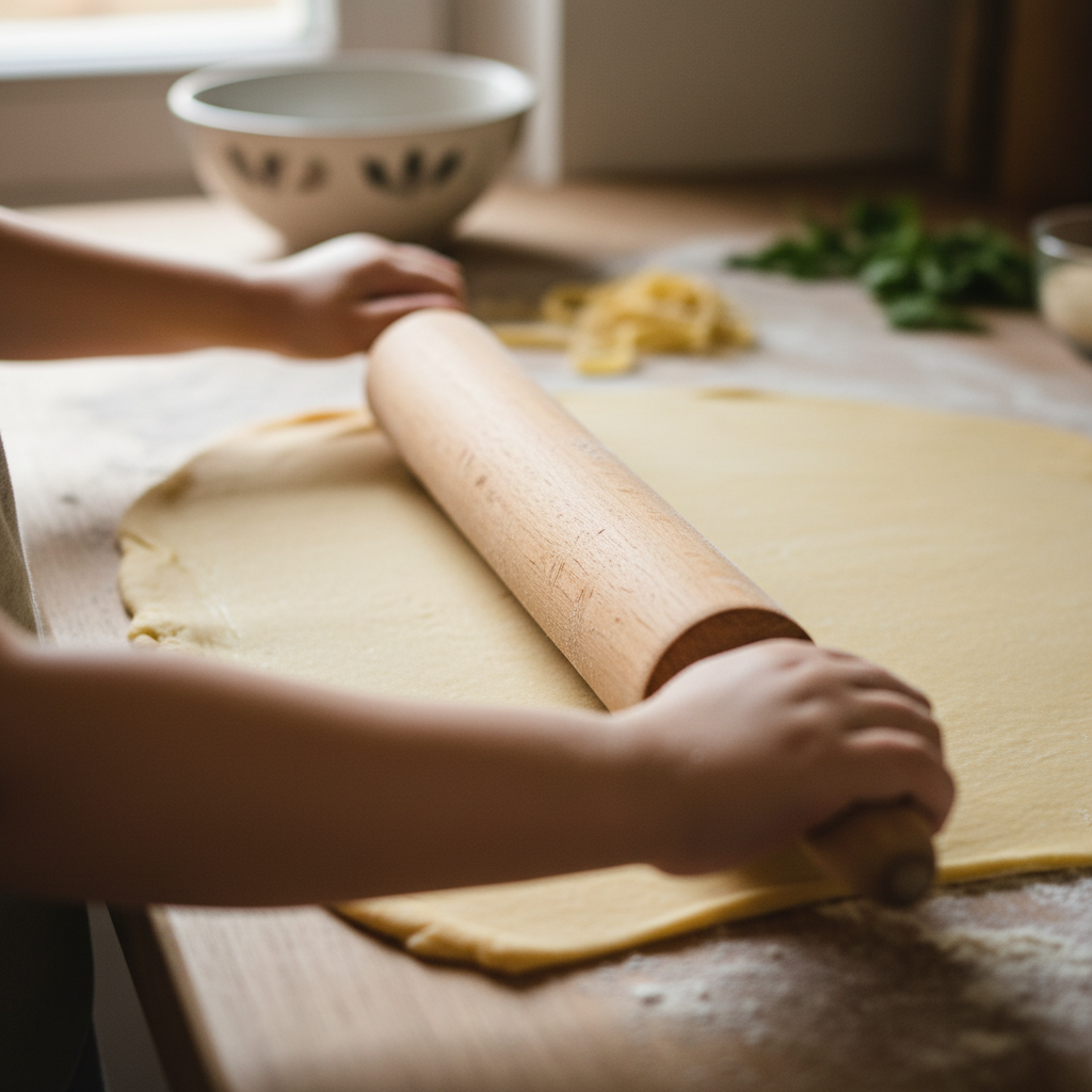 Child rolling fresh pasta dough thin with a wooden rolling pin