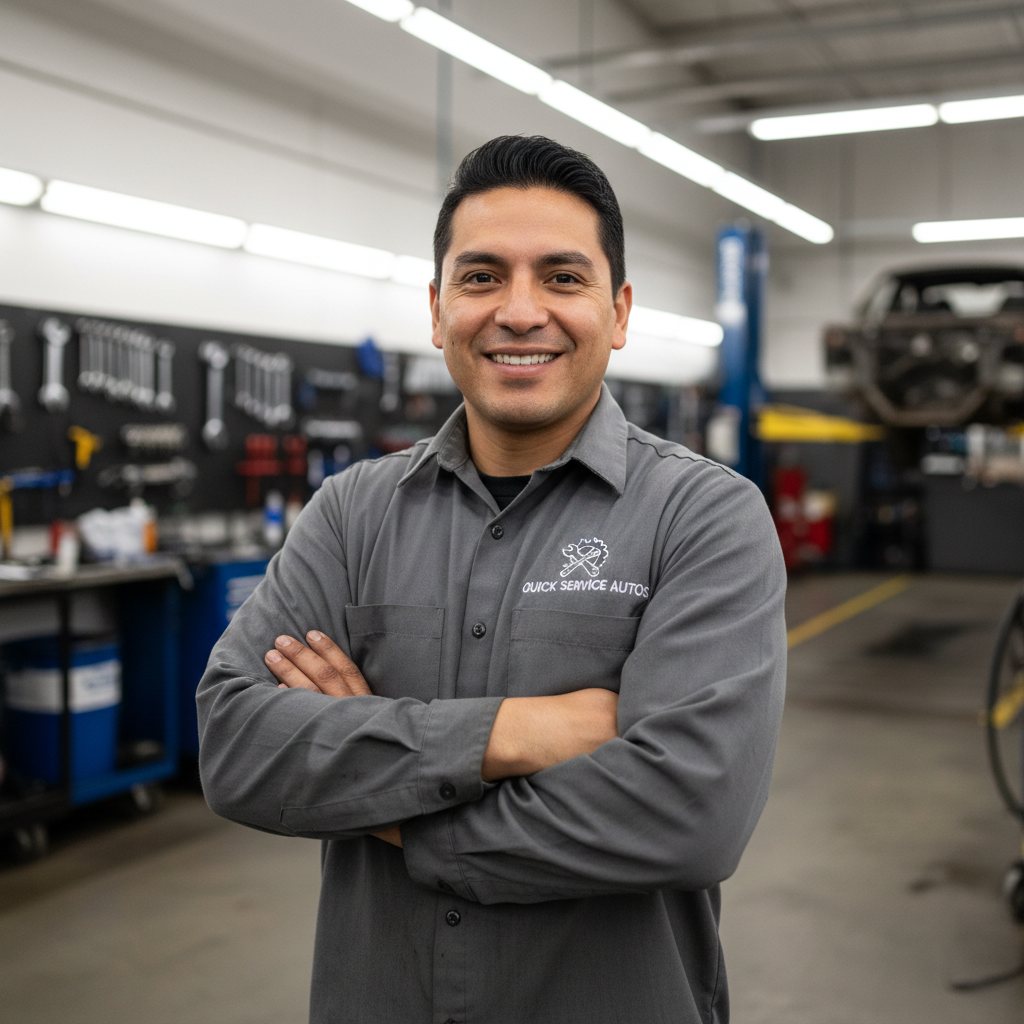 Marcus Webb, auto shop owner in work shirt, Houston Texas