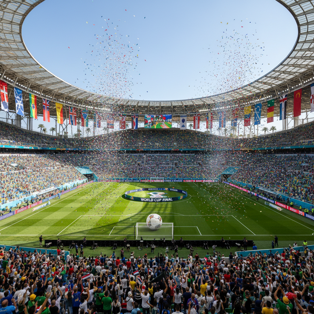 Grand final football match in a massive stadium with fireworks and confetti celebrating the championship