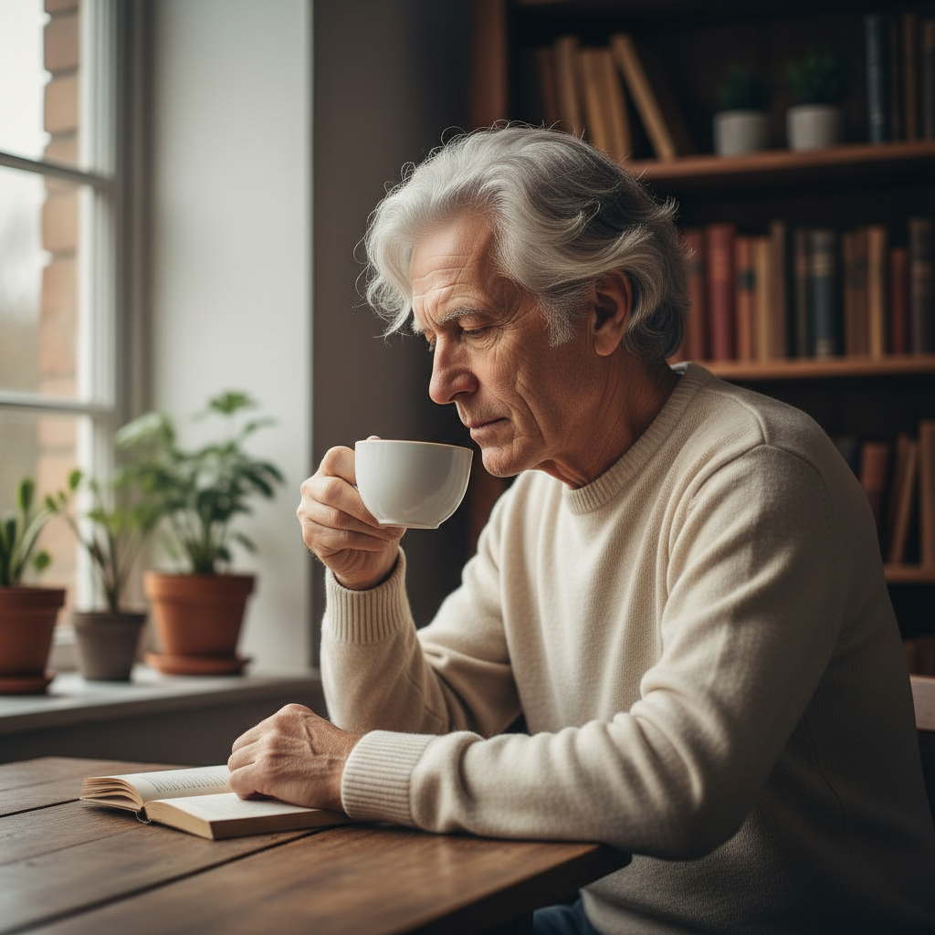 Raymond Castellano, a retired principal with silver hair, seated thoughtfully at a table with a coffee cup
