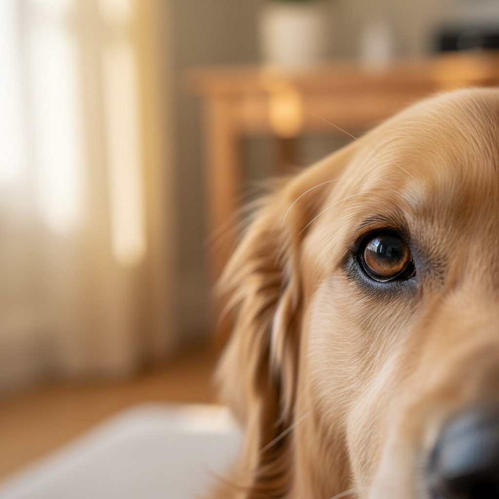 Close-up of a dog's nose and amber eye in sharp focus, background dissolving into warm bokeh