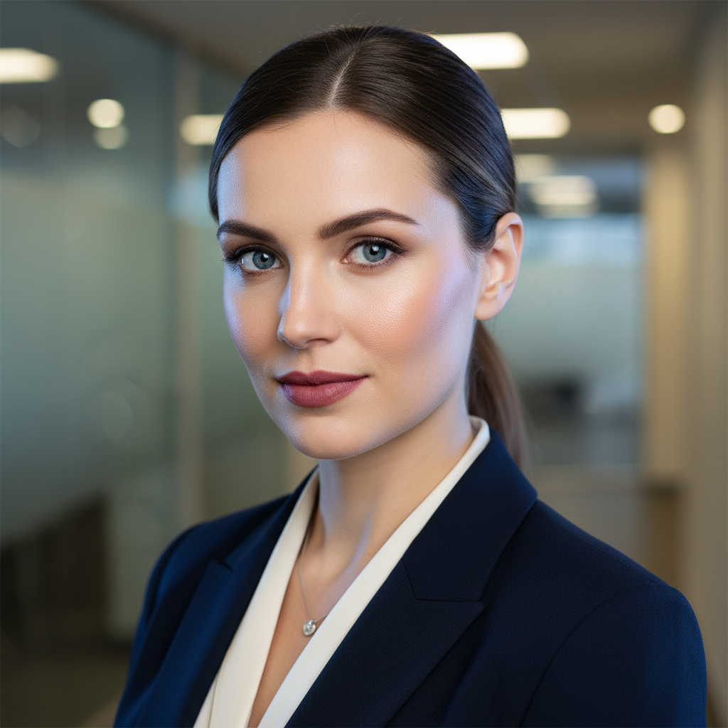 Female Chief People Officer, direct eye contact, warm key light with cool fill