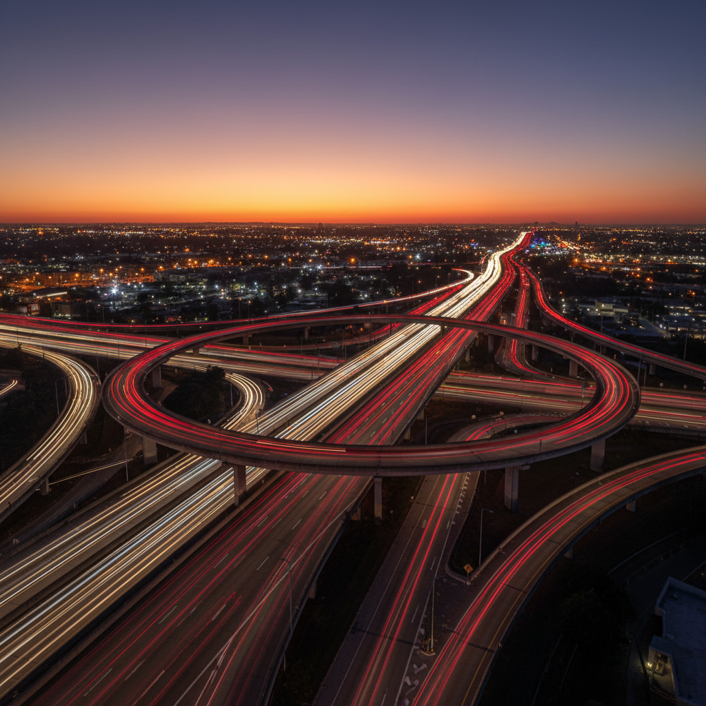 Aerial view of a busy multi-lane highway interchange at dusk with streams of car headlights and tail lights, global traffic concept