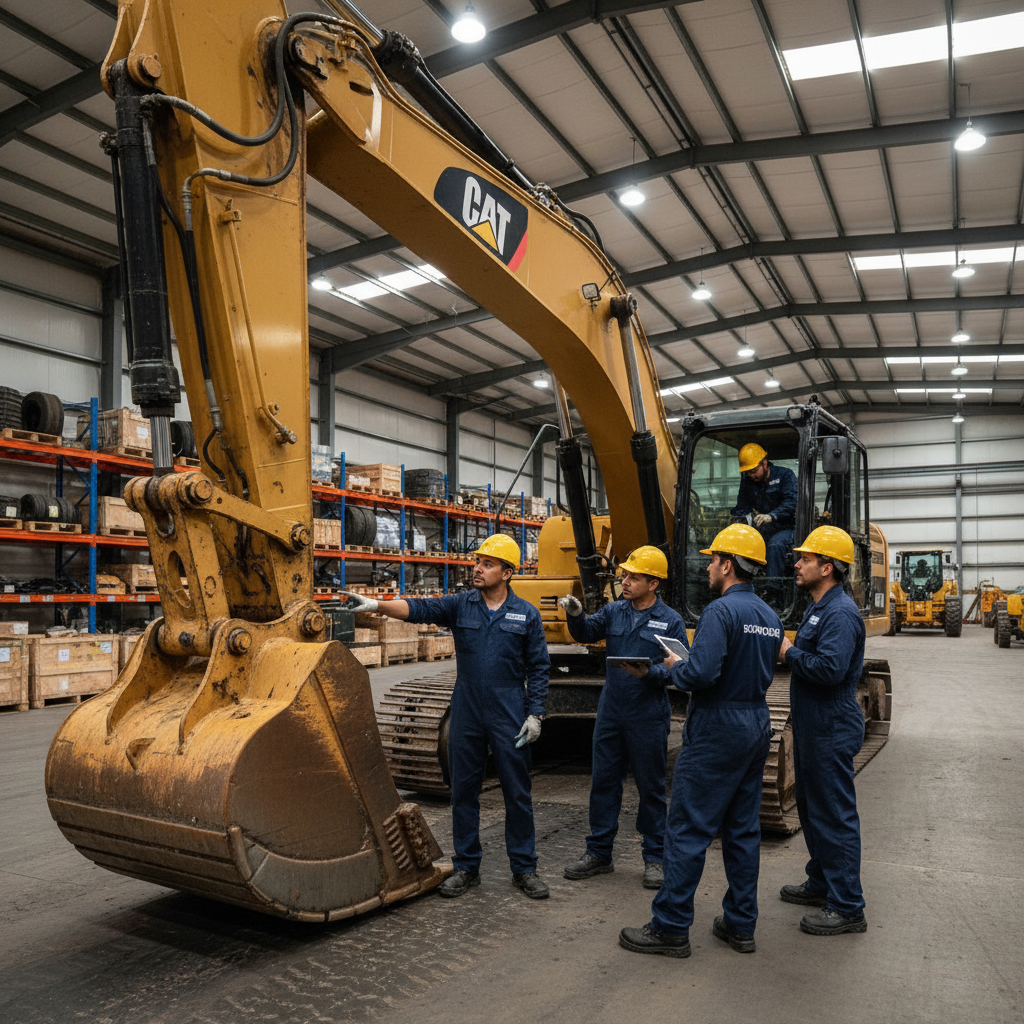 Well-maintained yellow excavator in clean workshop being inspected, bright industrial workshop, clean well-lit machinery maintenance