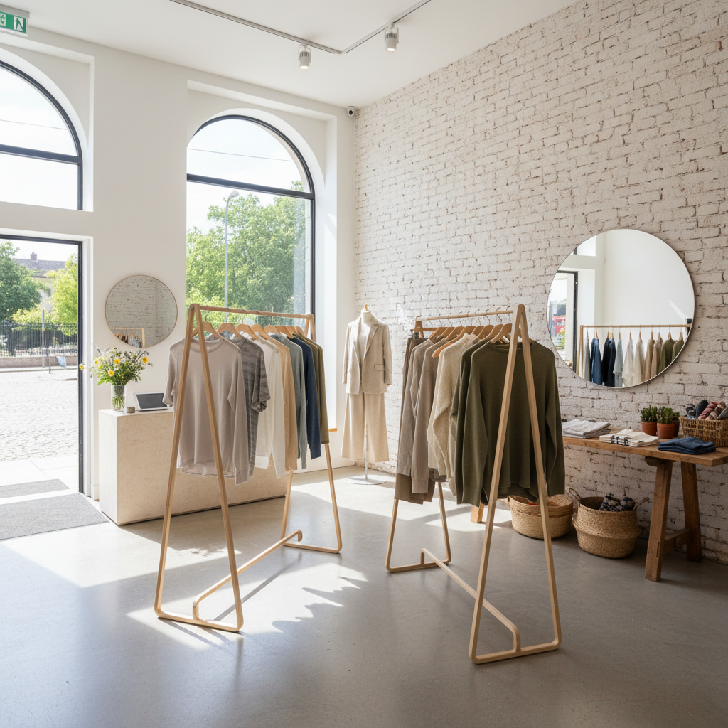 Bright open boutique with natural light, curated sale rack of luxury sustainable garments