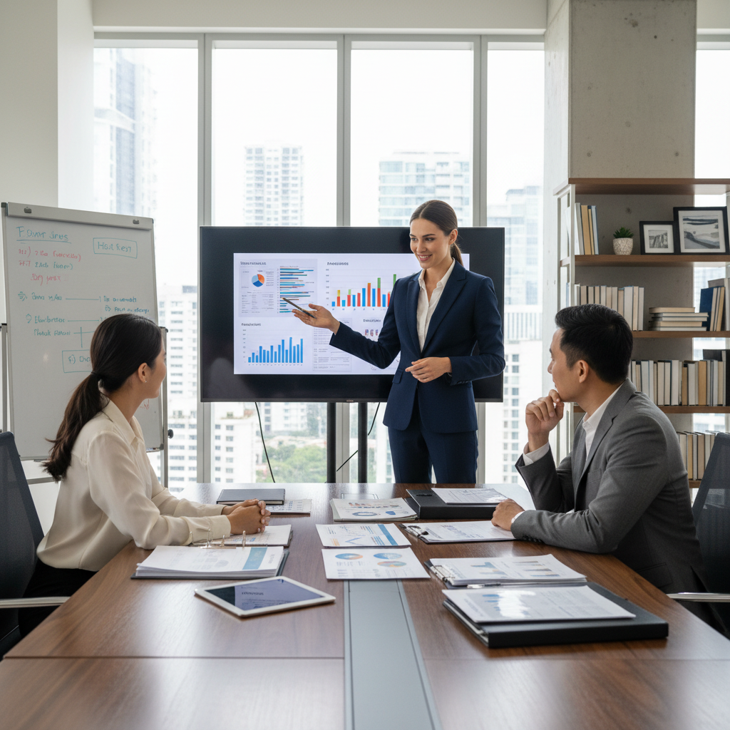 Insurance consultant presenting data charts to a business client in a modern office, professional warm lighting
