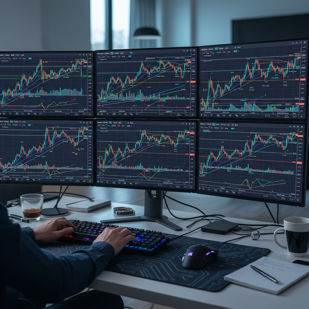Forex market analysis — dark trading screens, atmospheric low-key lighting, deep shadows