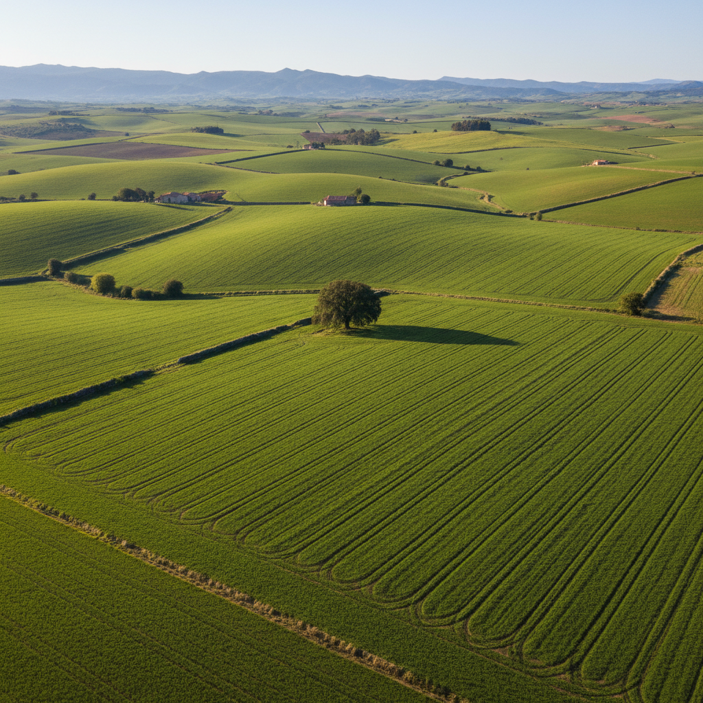 Green agricultural fields stretching to horizon under clear sky, bright daylight, well-lit pastoral landscape