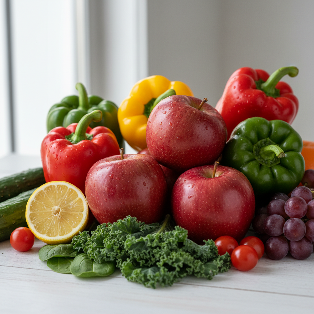 Overhead view of colourful fresh fruit and vegetable arrangement on bright white surface in airy natural light